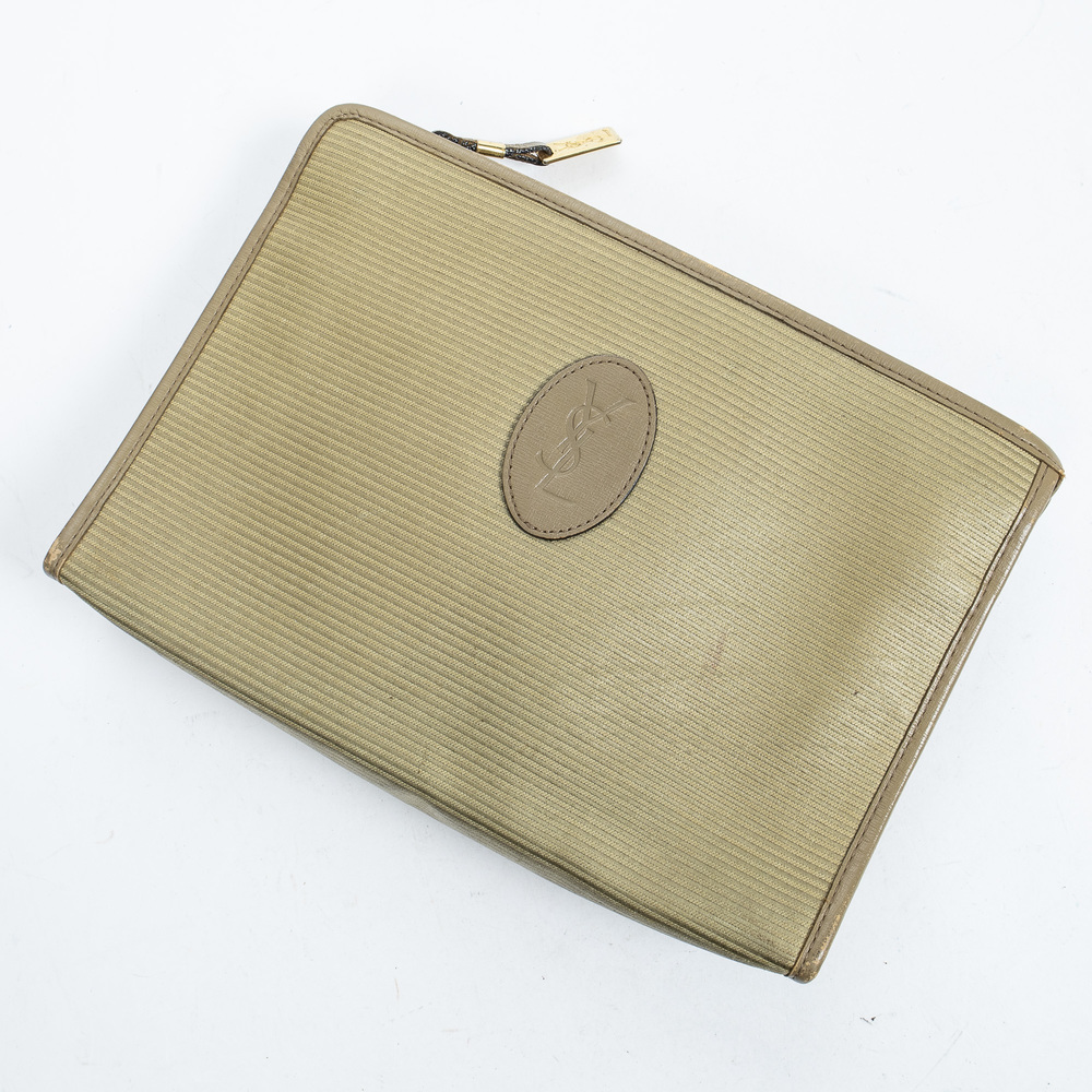 Toiletry Pouch   in  Khaki/Taupe Striped Coated Canvas